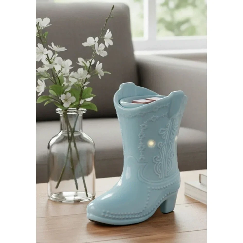 Blue Cowgirl Boot Ceramic Fragrance Wax Warmer Aromatherapy  Gift NEW